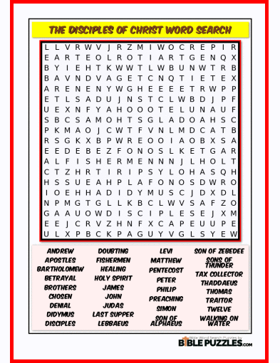 Printable Bible Word Search Activity Worksheet PDF - The Disciples of Christ