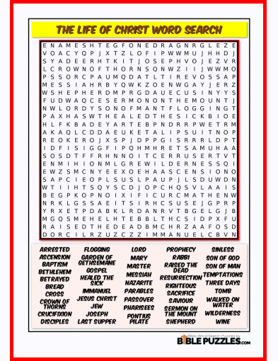 Printable Bible Word Search Activity Worksheet PDF - The Life of Christ