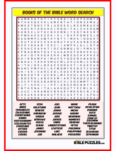 Printable Bible Word Search Activity Worksheet PDF- Books of the Bible