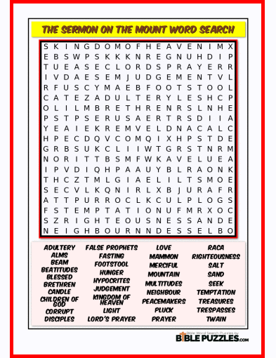 Printable Bible Word Search Activity Worksheet PDF- The Sermon on the Mount