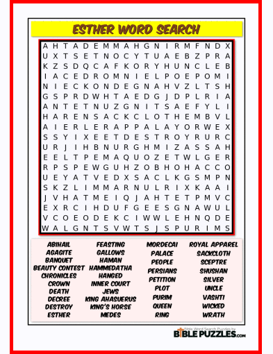 Printable Bible Word Search Activity Worksheet PDF - Esther