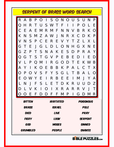 Printable Bible Word Search Activity Worksheet PDF - Serpent of Brass
