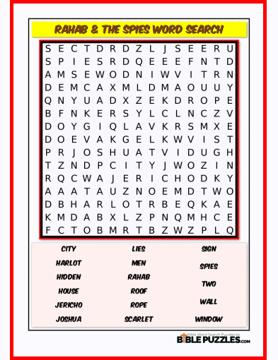 Printable Bible Word Search Activity Worksheet PDF - Rahab & the Spies