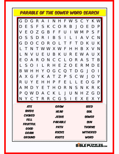 Printable Bible Word Search Activity Worksheet PDF - Parable of the Sower