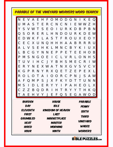 Printable Bible Word Search Activity Worksheet PDF - Parable of the Vineyard Workers