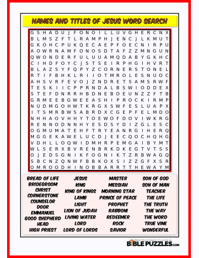 Printable Bible Word Search Activity Worksheet PDF- Names and Titles of Jesus