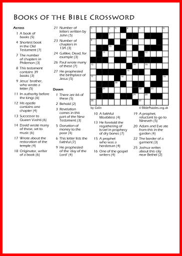 Books of the Bible - Bible Crossword - Free - Printable