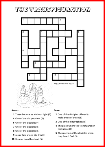 Bible Crossword Puzzle The Transfiguration Biblepuzzlescom Bible Crossword Puzzles For Kids 