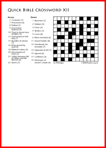 Quick Crossword XII - Bible Crossword - Free - Printable