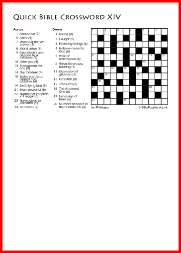 Quick Crossword XIV - Bible Crossword - Free - Printable