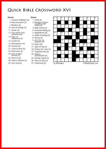 Quick Crossword XVI - Bible Crossword - Free - Printable