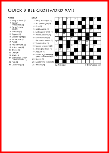 Quick Crossword XVII - Bible Crossword - Free - Printable