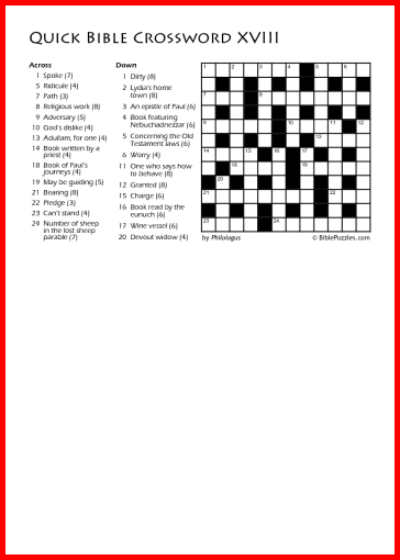 Quick Crossword XVIII - Bible Crossword - Free - Printable