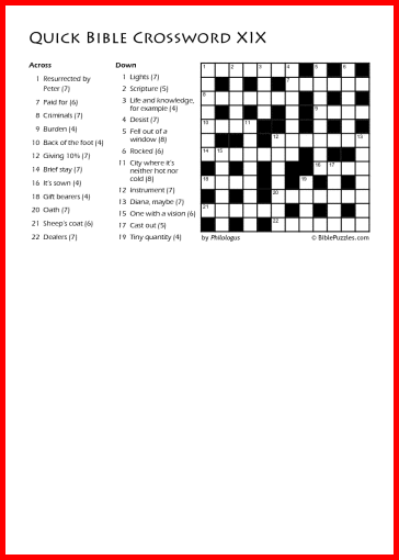 Quick Crossword XIX - Bible Crossword - Free - Printable