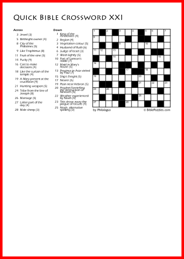 Quick Crossword XXI - Bible Crossword - Free - Printable
