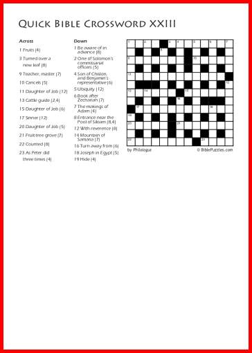 Quick Crossword XXIII - Bible Crossword - Free - Printable