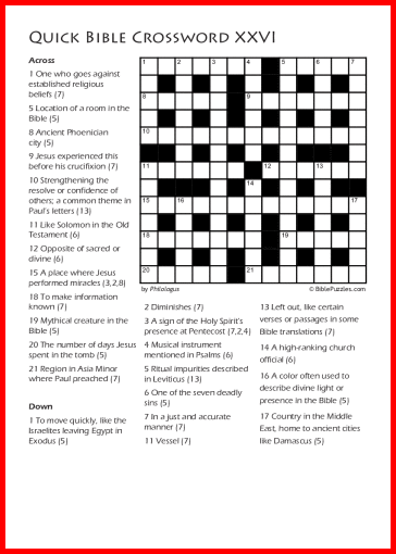 Quick Crossword XXVI - Bible Crossword - Free - Printable