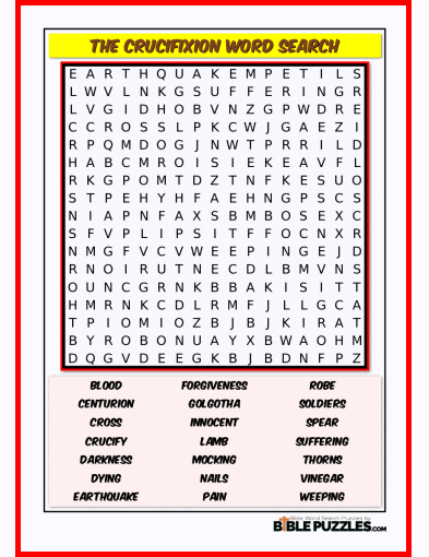 Printable Bible Word Search Activity Worksheet PDF- The Crucifixion