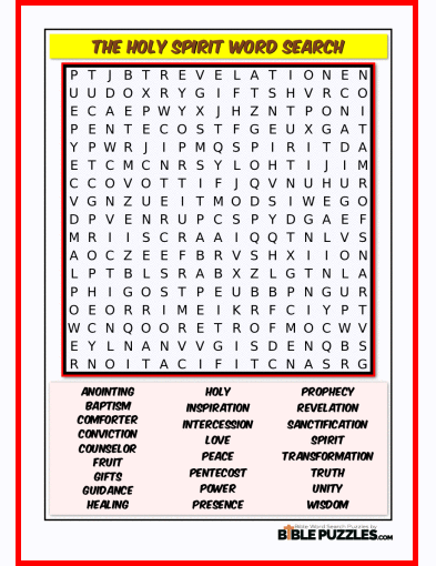 Printable Bible Word Search Activity Worksheet PDF - The Holy Spirit