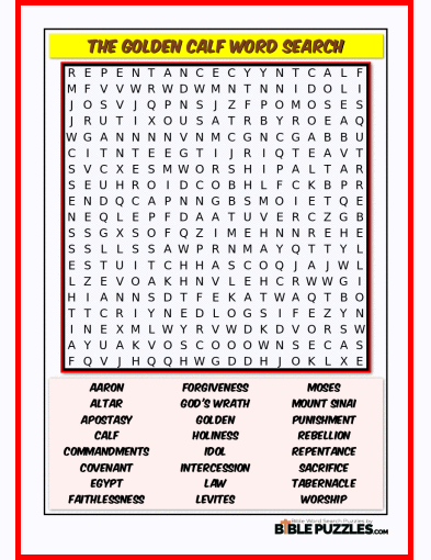 Printable Bible Word Search Activity Worksheet PDF- The Golden Calf