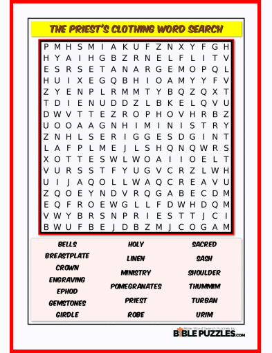 Printable Bible Word Search Activity Worksheet PDF - The Priest's Clothing