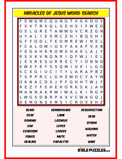 Printable Bible Word Search Activity Worksheet PDF- Miracles of Jesus