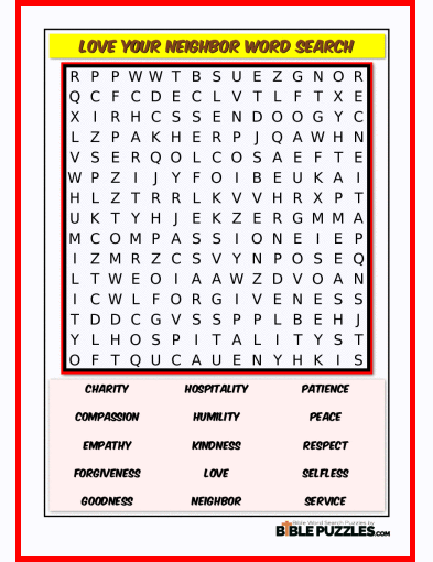 Printable Bible Word Search Activity Worksheet PDF - Love Your Neighbor
