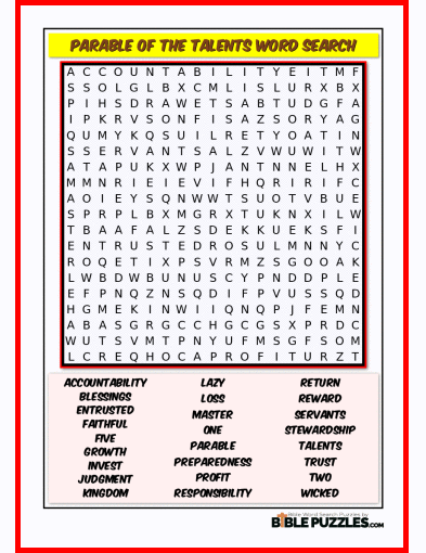 Printable Bible Word Search Activity Worksheet PDF - Parable of the Talents