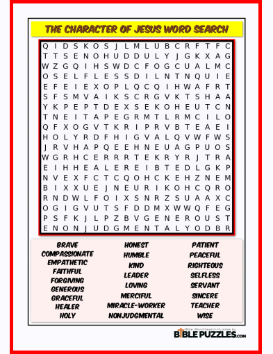Printable Bible Word Search Activity Worksheet PDF - The Character of Jesus