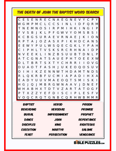 Printable Bible Word Search Activity Worksheet PDF- The Death of John the Baptist