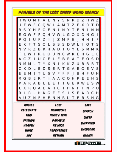 Printable Bible Word Search Activity Worksheet PDF - Parable of the Lost Sheep