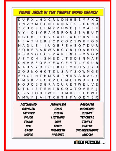 Printable Bible Word Search Activity Worksheet PDF - Young Jesus in the Temple