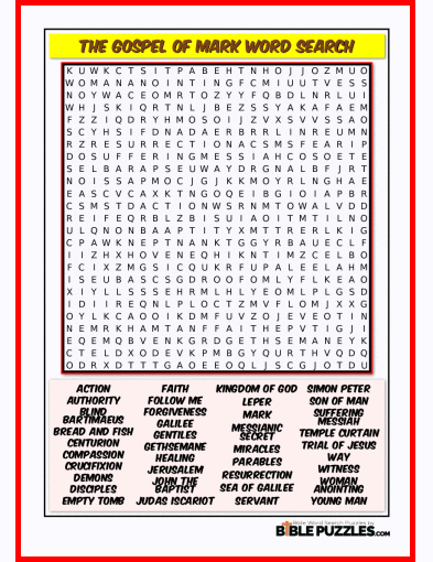 Printable Bible Word Search Activity Worksheet PDF- The Gospel of Mark