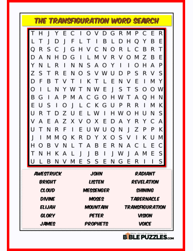 Printable Bible Word Search Activity Worksheet PDF- The Transfiguration