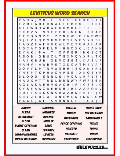 Printable Bible Word Search Activity Worksheet PDF - Leviticus