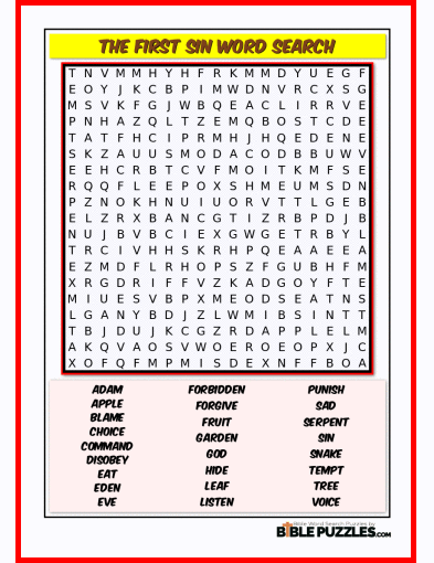 Printable Bible Word Search Activity Worksheet PDF - The First Sin