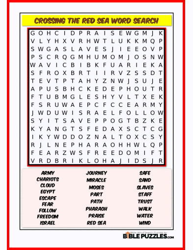 Printable Bible Word Search Activity Worksheet PDF - Crossing the Red Sea