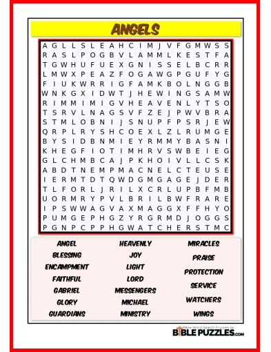 Printable Bible Word Search Activity Worksheet PDF - Angels