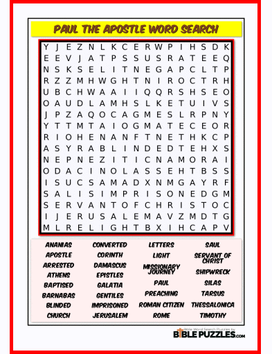 Printable Bible Word Search Activity Worksheet PDF - Paul the Apostle