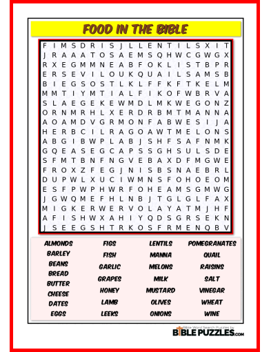 Printable Bible Word Search Activity Worksheet PDF - Food in the Bible