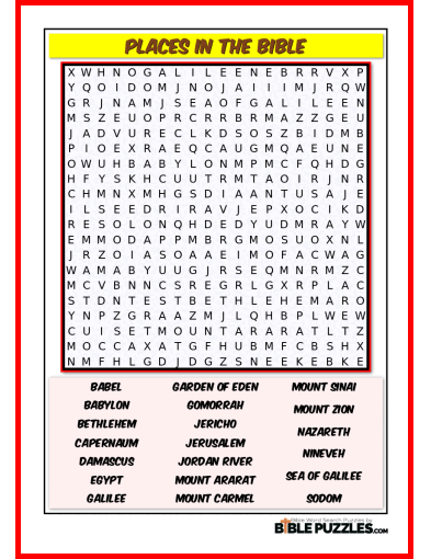 Printable Bible Word Search Activity Worksheet PDF - Places in the Bible