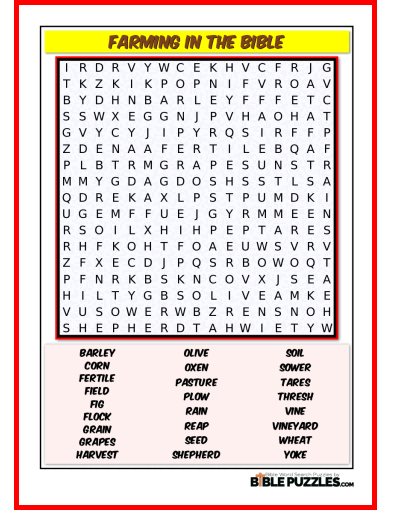 Printable Bible Word Search Activity Worksheet PDF - Farming in the Bible