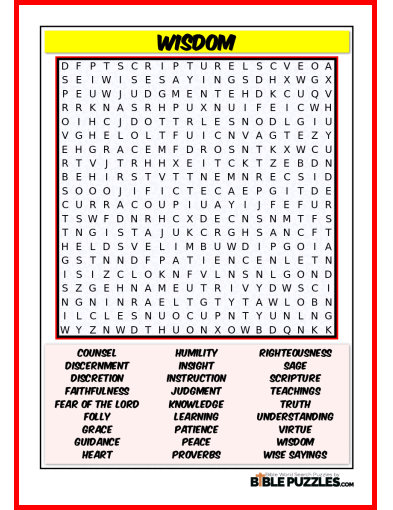 Printable Bible Word Search Activity Worksheet PDF - Wisdom