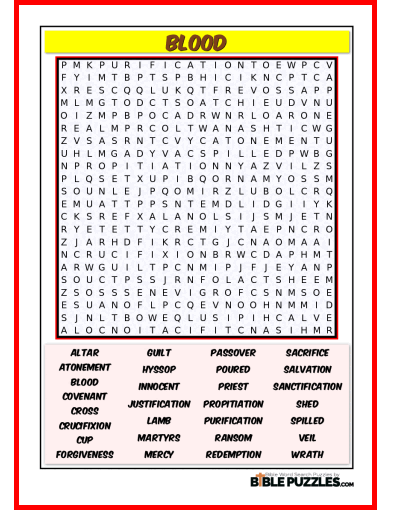 Printable Bible Word Search Activity Worksheet PDF - Blood