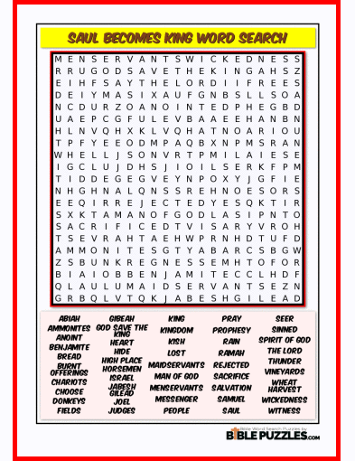 Printable Bible Word Search Activity Worksheet PDF- Saul Becomes King
