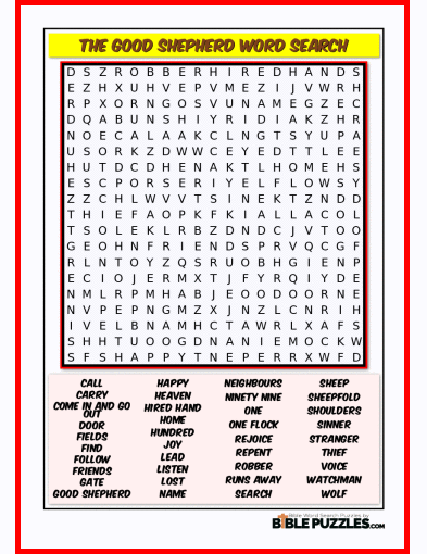 Printable Bible Word Search Activity Worksheet PDF- The Good Shepherd