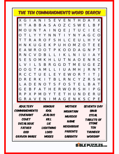 Printable Bible Word Search Activity Worksheet PDF - The Ten Commandments