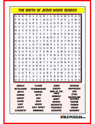 Printable Bible Word Search Activity Worksheet PDF - The Birth of Jesus