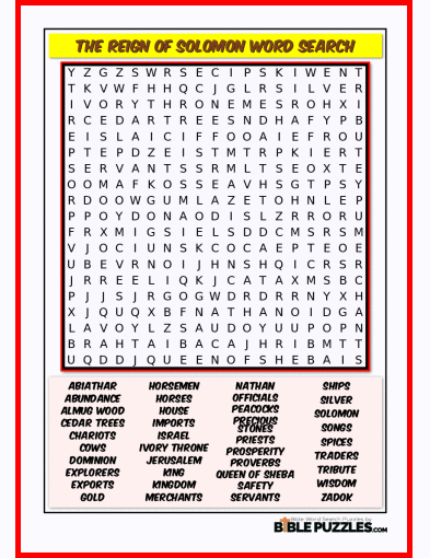 Printable Bible Word Search Activity Worksheet PDF - The Reign of Solomon