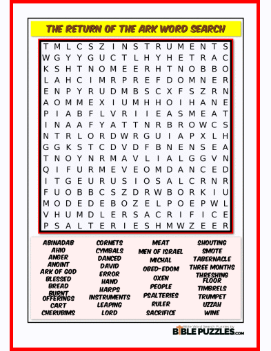 Printable Bible Word Search Activity Worksheet PDF - The Return of the Ark